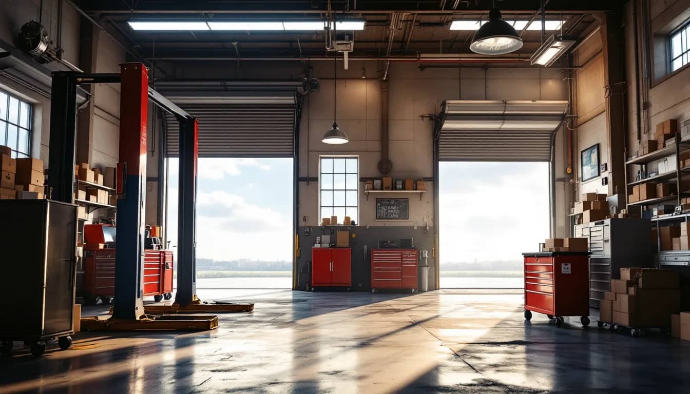 Interior del taller mecánico de Mecánico Dallas con elevadores, cajas de herramientas rojas y el carrito de diagnóstico