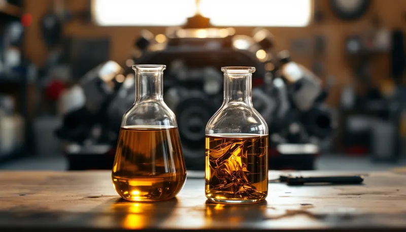 Dos muestras de aceite de motor, una limpia y una degradada, frente a un motor turbo europeo en un taller de Dallas
