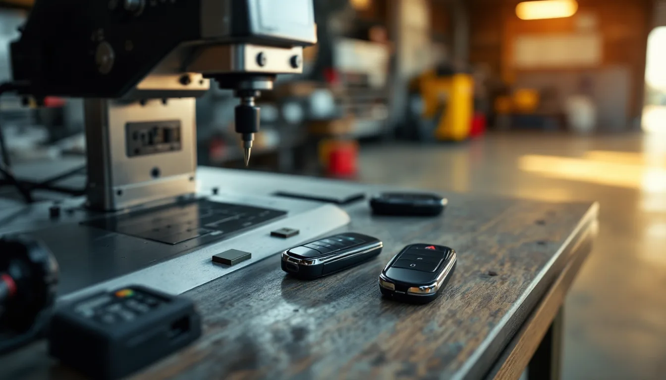 Máquina cortando una llave de carro con chip junto a un control remoto y la interfaz de programación en un taller de Dallas