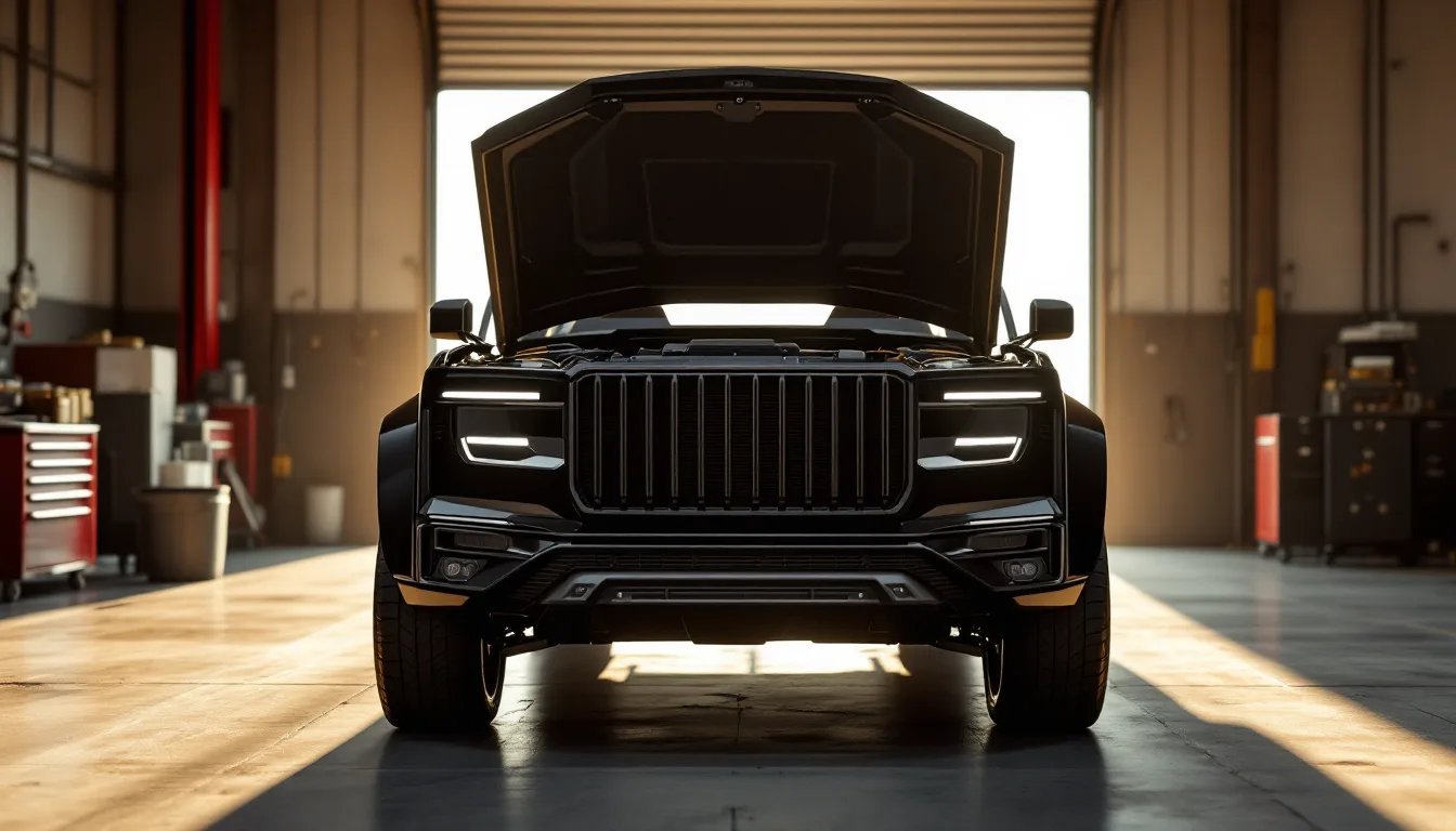 SUV grande con el cofre abierto mientras el mecánico escucha el motor V8 con estetoscopio en un taller de Dallas
