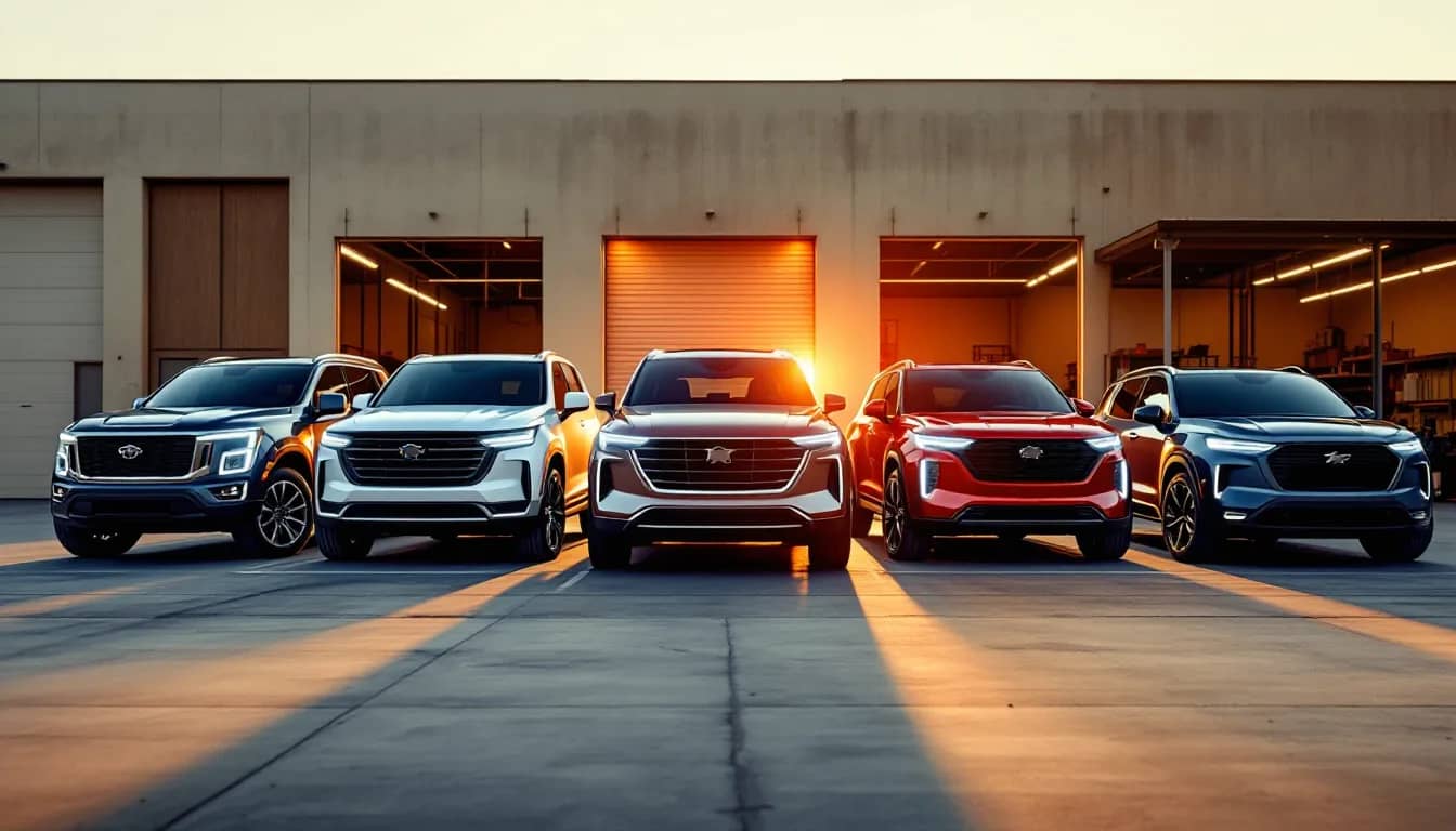 Fila de carros de distintas marcas y tipos frente a un taller mecánico independiente en Dallas al atardecer