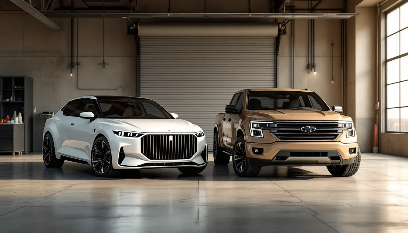 Sedán compacto y camioneta mediana, los Toyota más comunes de Dallas, en la entrada de un taller mecánico en español