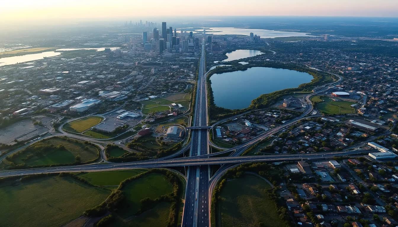 Vista aérea de las autopistas y los barrios del este de Dallas y el lago que cubre el área de servicio del taller