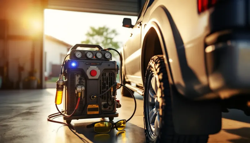 Máquina de recarga de aire acondicionado conectada a una camioneta en pleno verano de Dallas con la lámpara ultravioleta lista