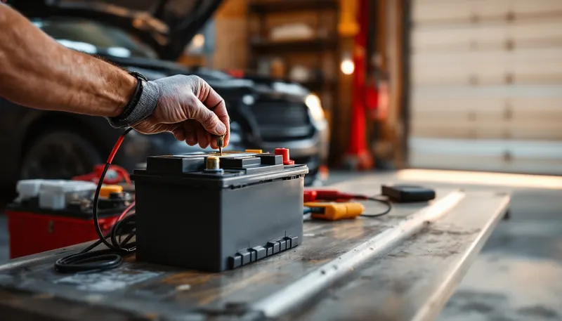 Prueba de carga de una batería con terminales corroídas y una batería nueva lista para instalar en un taller de Dallas