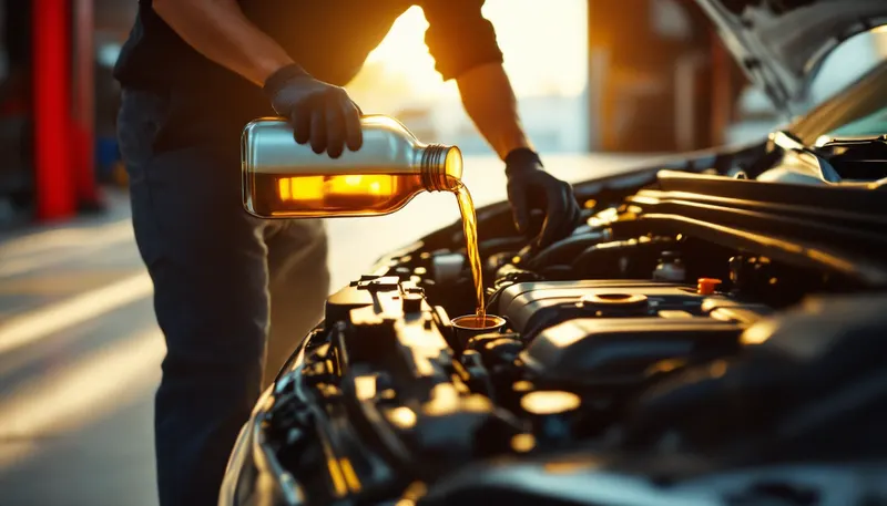 Cambio de aceite sintético con filtro nuevo y llave de torque en un motor de cuatro cilindros en un taller de Dallas