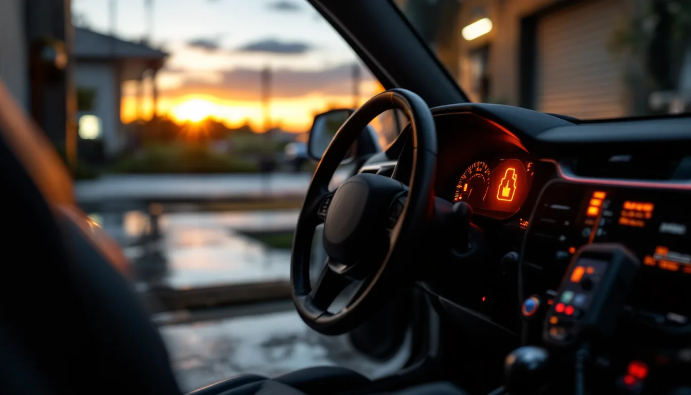 Luz de check engine encendida en el tablero de un carro con el escáner de diagnóstico conectado en un taller de Dallas